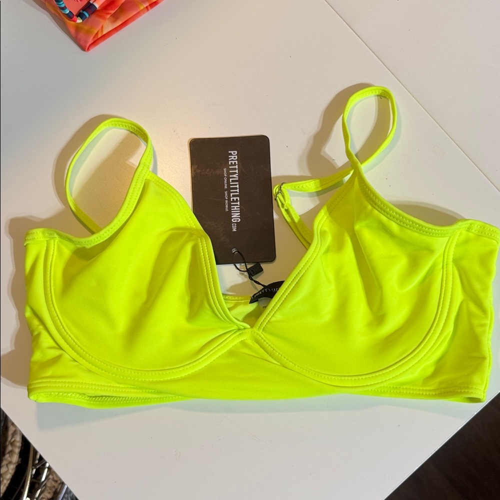 PrettyLittleThing Flo Yellow Underwired Long Line Bikini Top USA 8